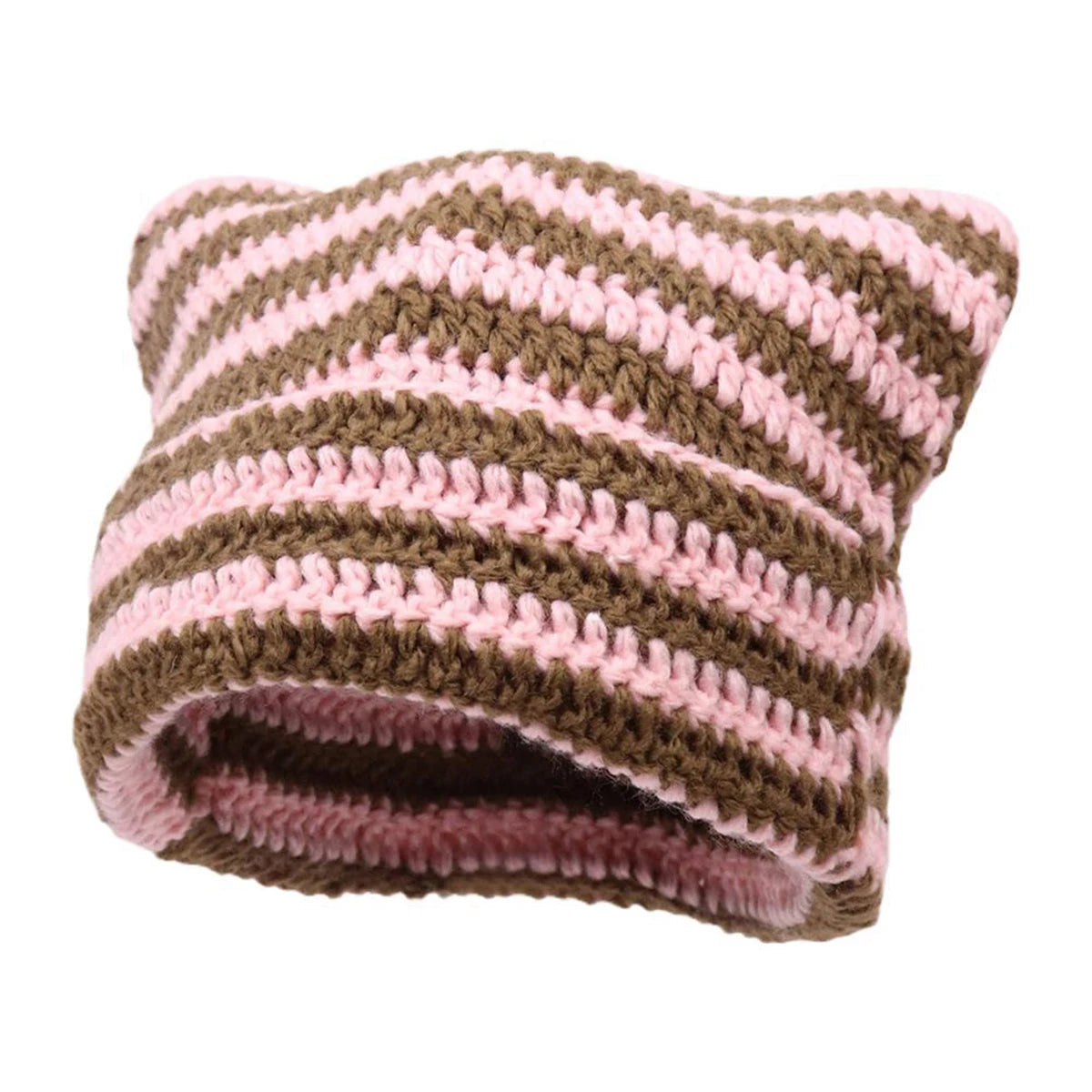 A knitted beanie hat featuring horizontal stripes of pink and brown yarn.