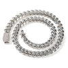 A silver stainless steel Cuban link necklace coiled on a white background.