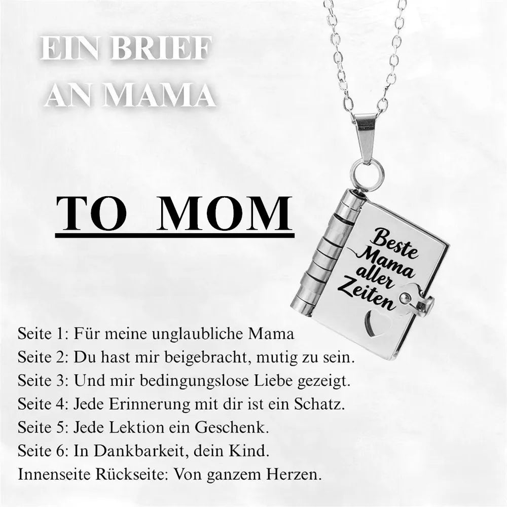 Silber-Anhängerkette mit gravierter Plakette, die einen Brief an die Mutter zeigt