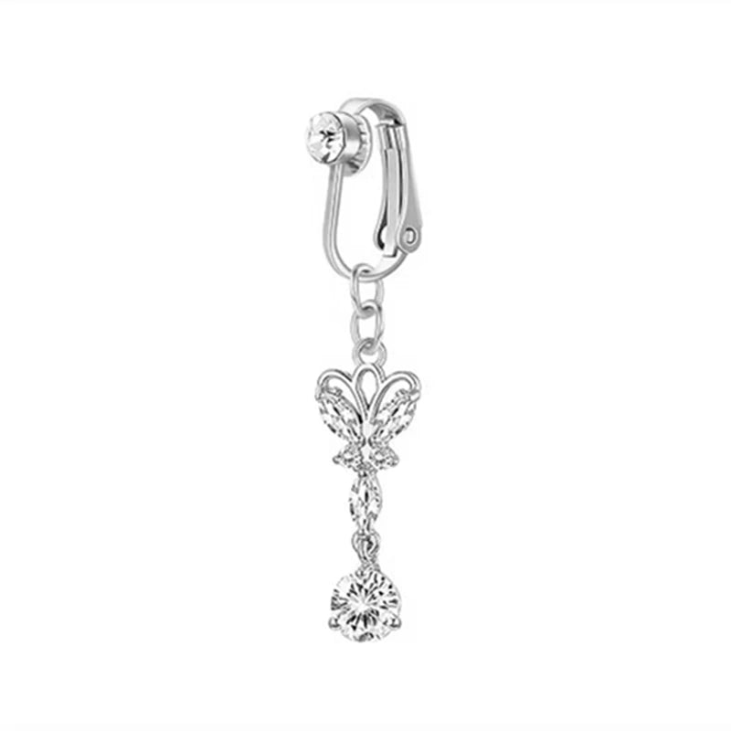 Silver fashion belly button ring with a decorative charm and a sparkling stone.