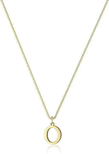 A delicate gold plated alphabet initial necklace hanging from a fine chain.
