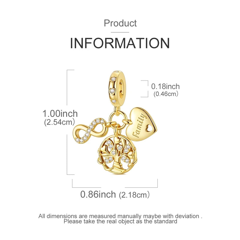A gold-colored charm bracelet featuring a tree design and a family pendant.