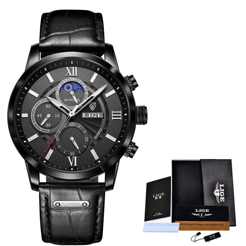 A black LIGE men's quartz watch with a black leather strap and chronograph features a dark face and silver accents.