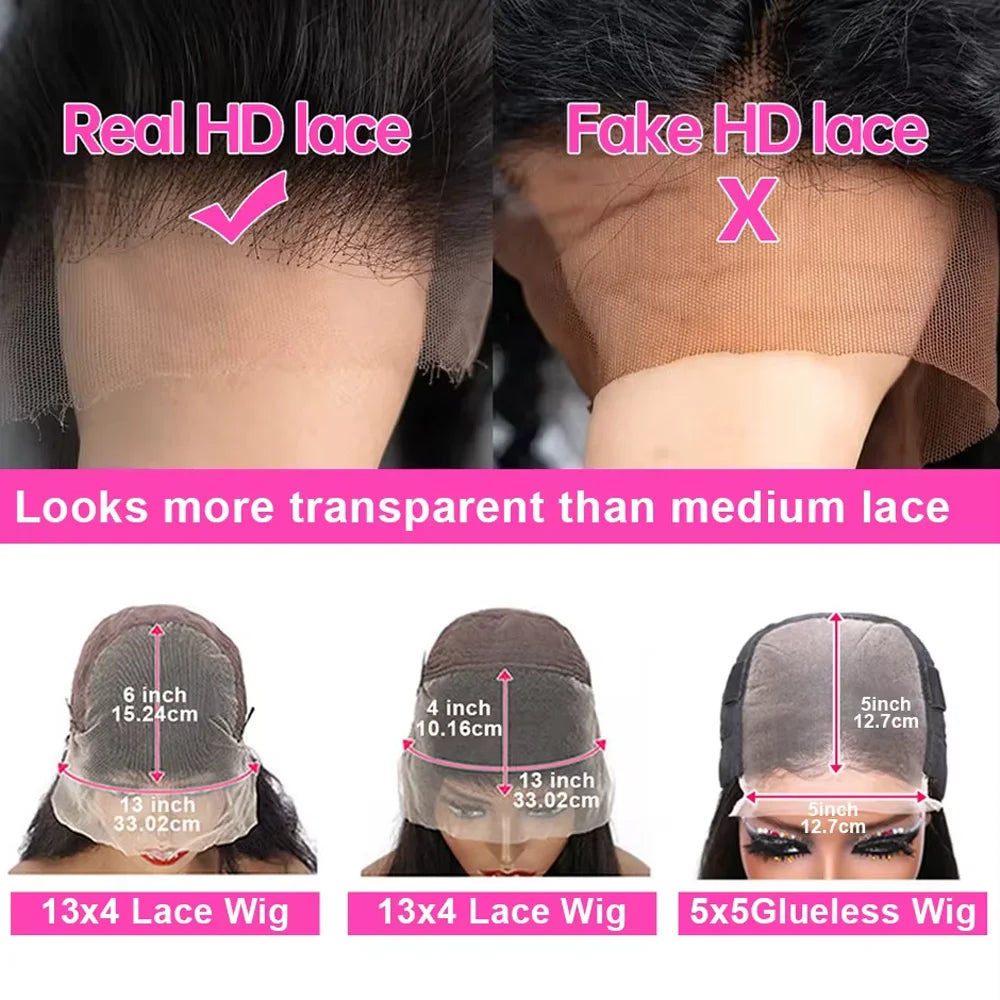 Comparison of Real HD lace and Fake HD lace wigs, showing different levels of transparency.