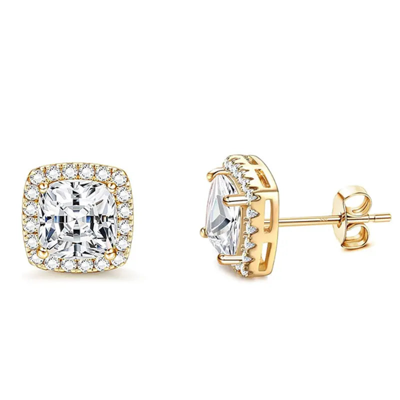 A pair of simulated diamond stud earrings set in 18K gold plated metal.