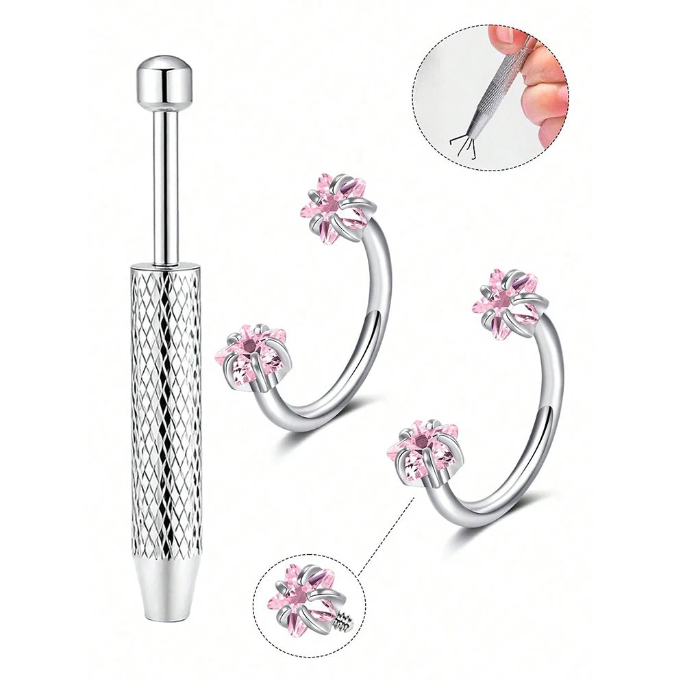 Stainless steel horseshoe nose studs with ball grabbers shown in various angles and close-ups