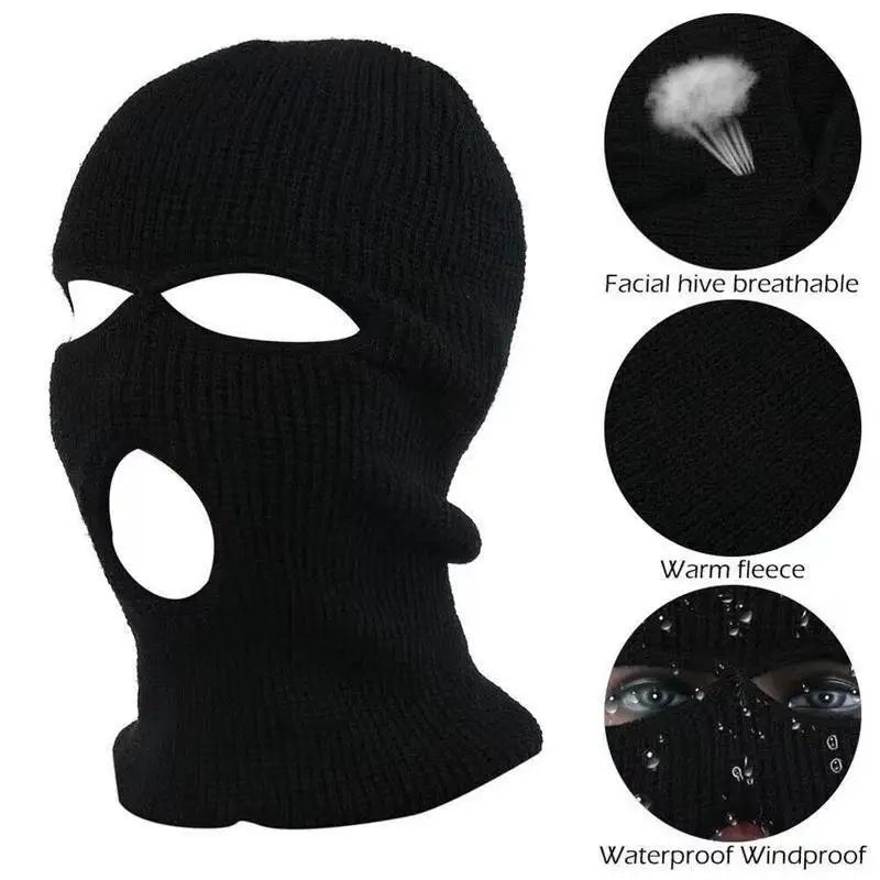 Schwarze Strick-Balaclava mit Gesichtsschutz, warmer Fleece-Futter und wasserdichten, winddichten Eigenschaften.