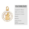 A gold plated charm featuring a Virgin Mary figure and a cross, surrounded by a circular border of clear stones.