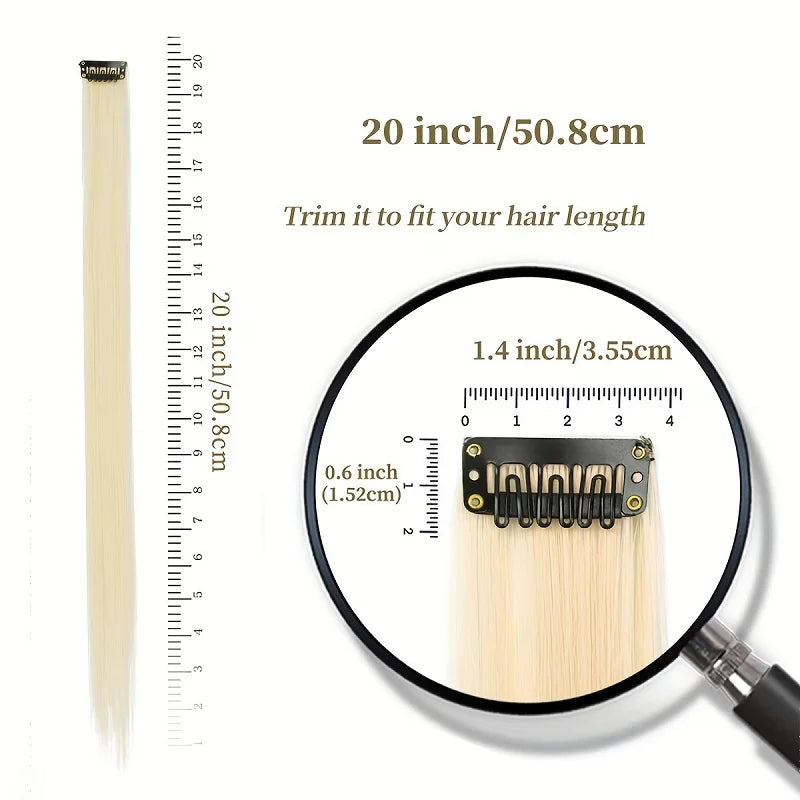 Lupa que muestra un paquete de extensiones de cabello liso de 20 pulgadas con un clip de 1.4 pulgadas para recortar.