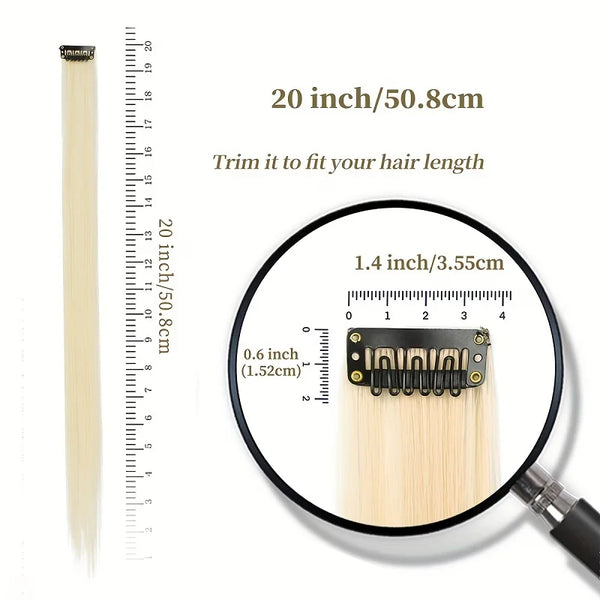 A magnifying glass shows a 20 inch straight hair extension bundle with a 1.4 inch clip for trimming.