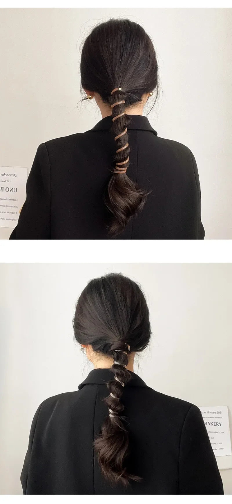 A woman with dark hair tied in a long braided ponytail using rubber accessories, viewed from the back.