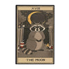 A tarot card depicting the Moon, featuring a raccoon-like figure under a full moon and stars.
