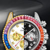 A close-up of a multi-level design watch featuring various colored accents and diamond details.