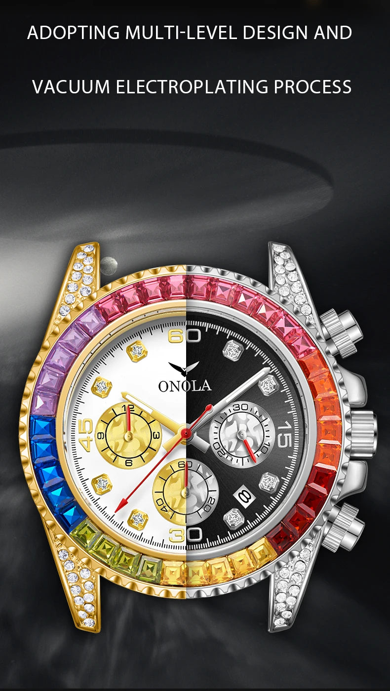 A close-up of a multi-level design watch featuring various colored accents and diamond details.