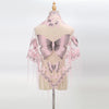 A pale pink butterfly lace scarf shawl displayed on a mannequin.