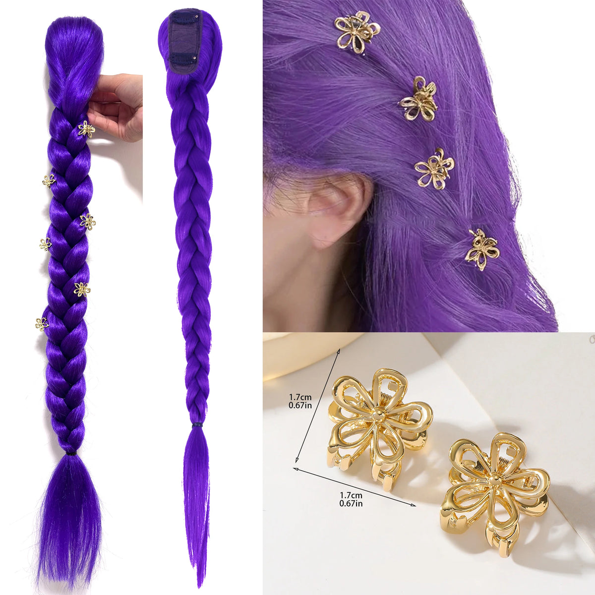 Long purple braided wigs shown in detail with a close-up of a styled wig on a head