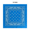 Blue fabric with white paisley and floral patterns, suitable for a bandana or scarf.