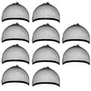 Multiple views of a black mesh wig cap liner showing the netting texture and curved shape.