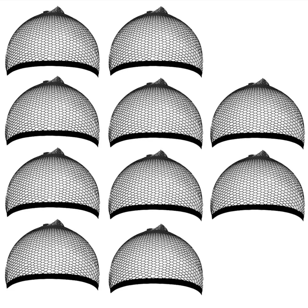 Multiple views of a black mesh wig cap liner showing the netting texture and curved shape.