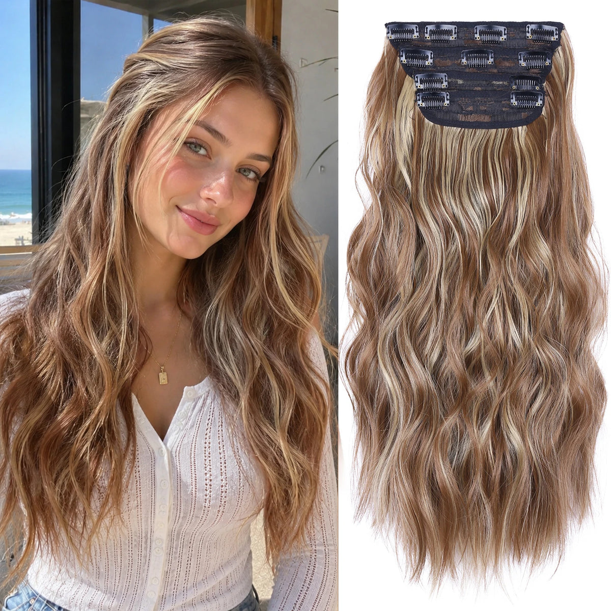 Long wavy blonde hair with ombre highlights styled in loose curls and secured with dark fabric clips