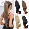 A woman shows off an ultra-long straight hair extension wig in a ponytail, featuring adjustable lengths.