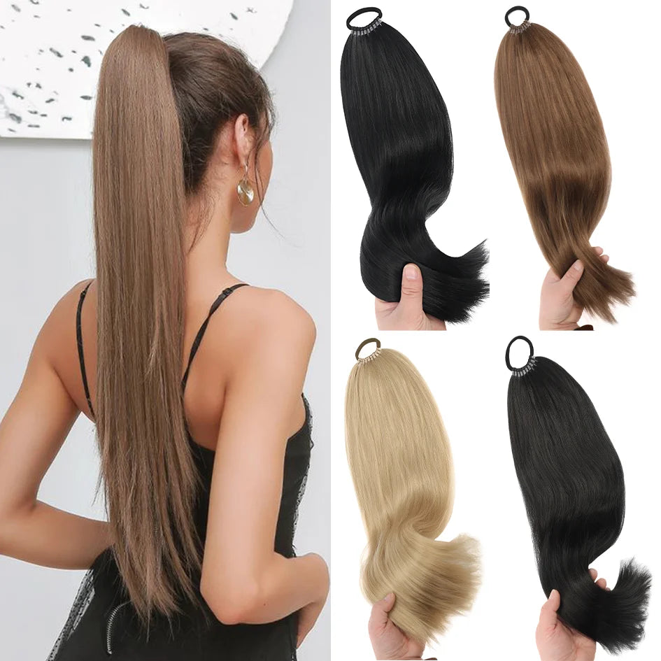 A woman shows off an ultra-long straight hair extension wig in a ponytail, featuring adjustable lengths.