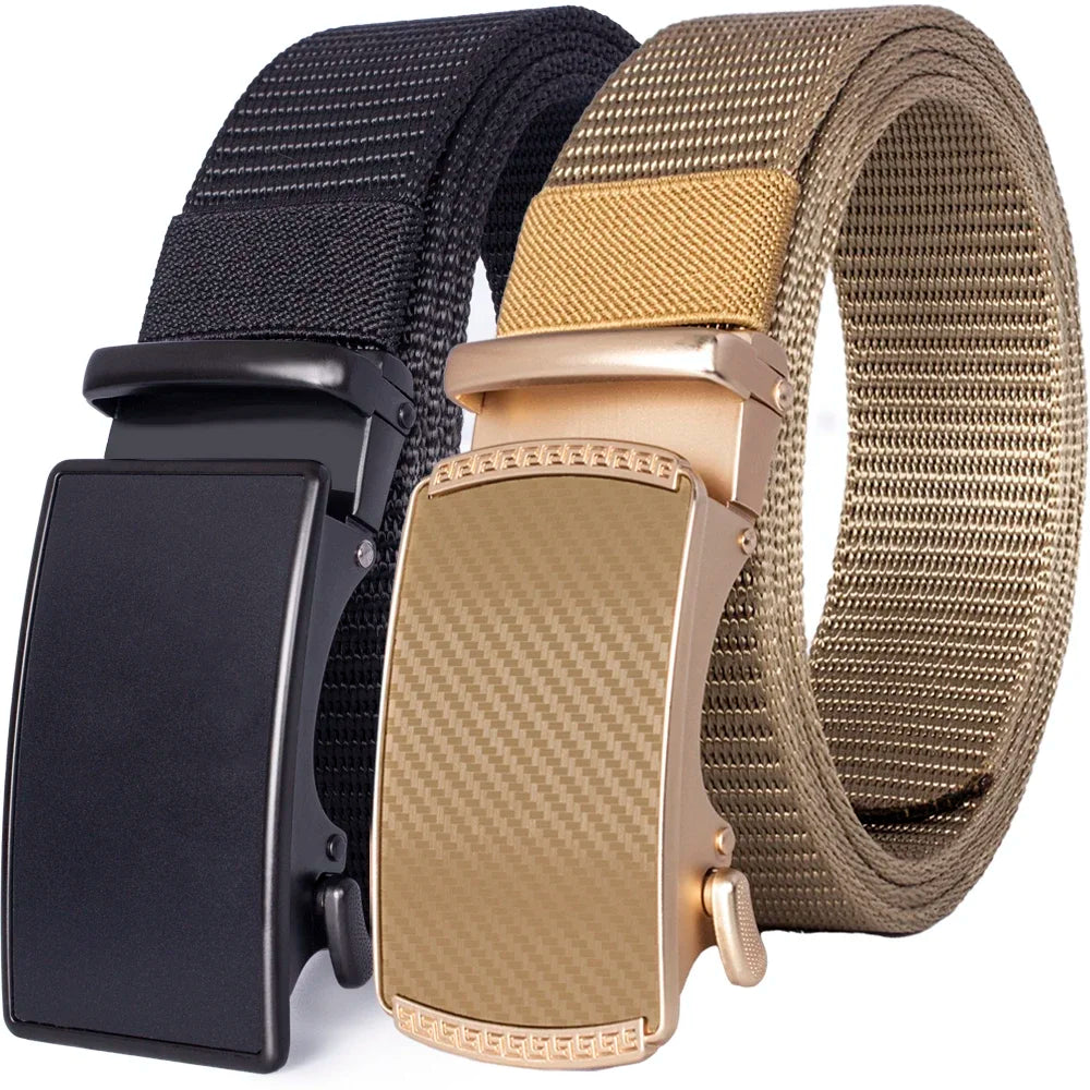 A tactical canvas utility belt featuring black and tan nylon webbing and a gold-toned buckle.