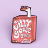 An enamel pin featuring a cartoon goose with sunglasses and the text Silly Goose Juice