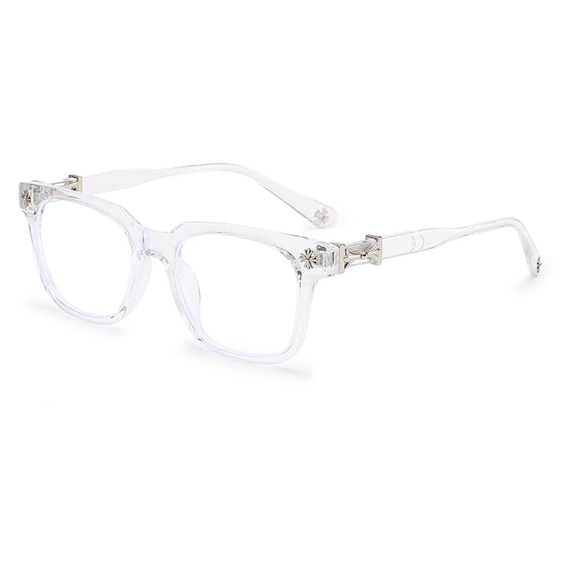 Clear plastic square eyeglasses with a silver decorative detail on the temple.