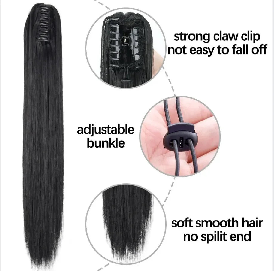 Black 24-inch straight hair extensions for ponytail showing a strong claw clip and smooth finish