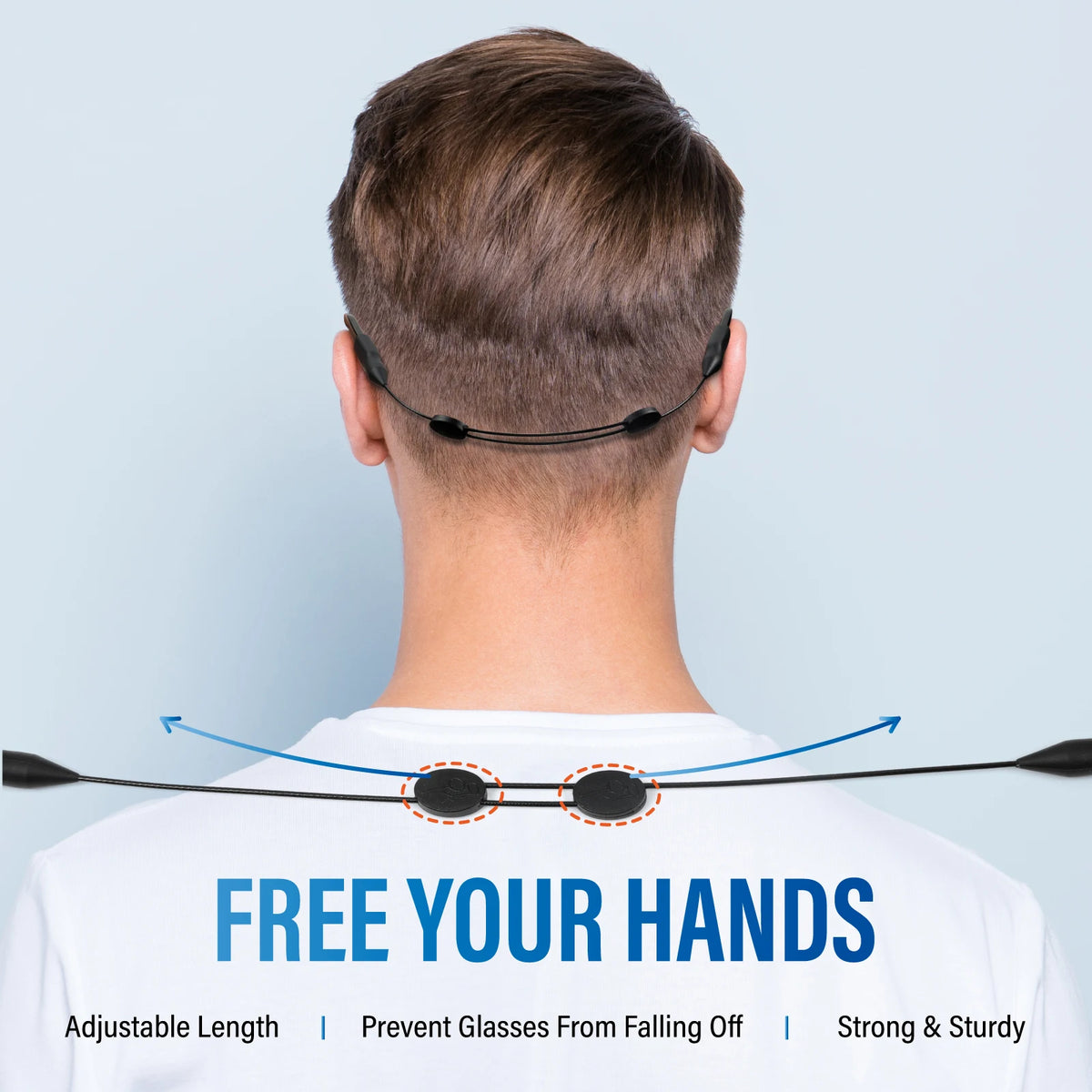 A person's head shows an anti-slip eyeglass retainer strap worn around the back of the head.