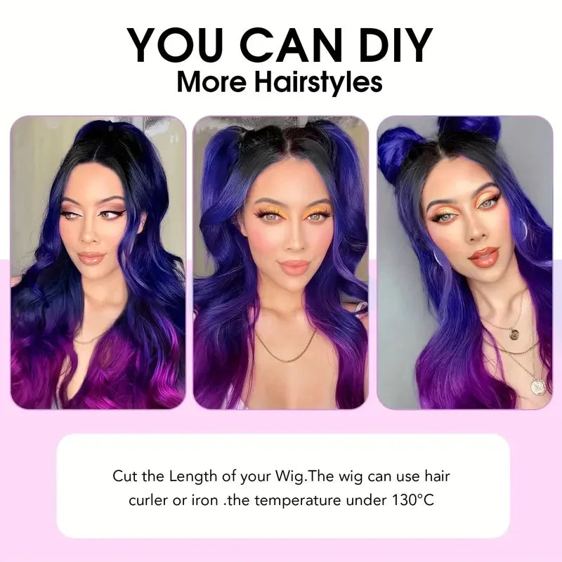 Modell präsentiert eine lila Ombré Wellenperücke in verschiedenen Frisuren.