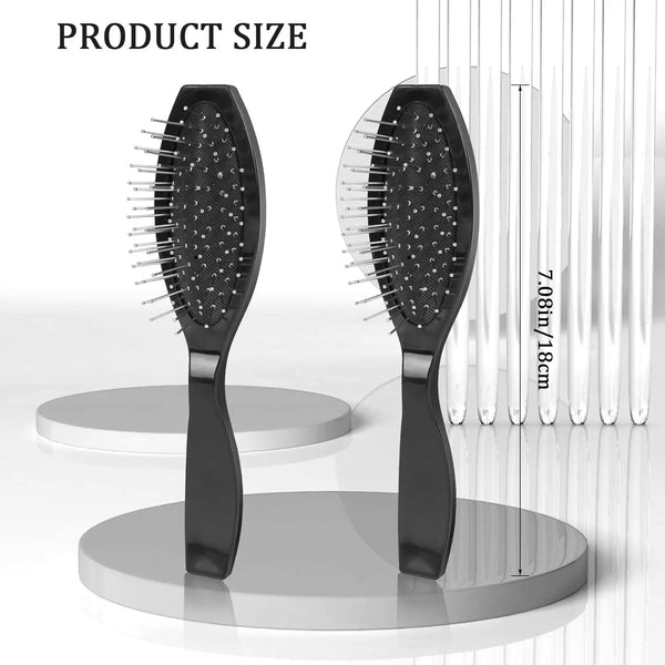 A pair of black anti-static steel comb hair brushes shown with a scale for product size.