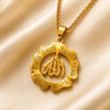 A gold Islamic Ayatul Kursi pendant necklace with Arabic calligraphy on a delicate chain.