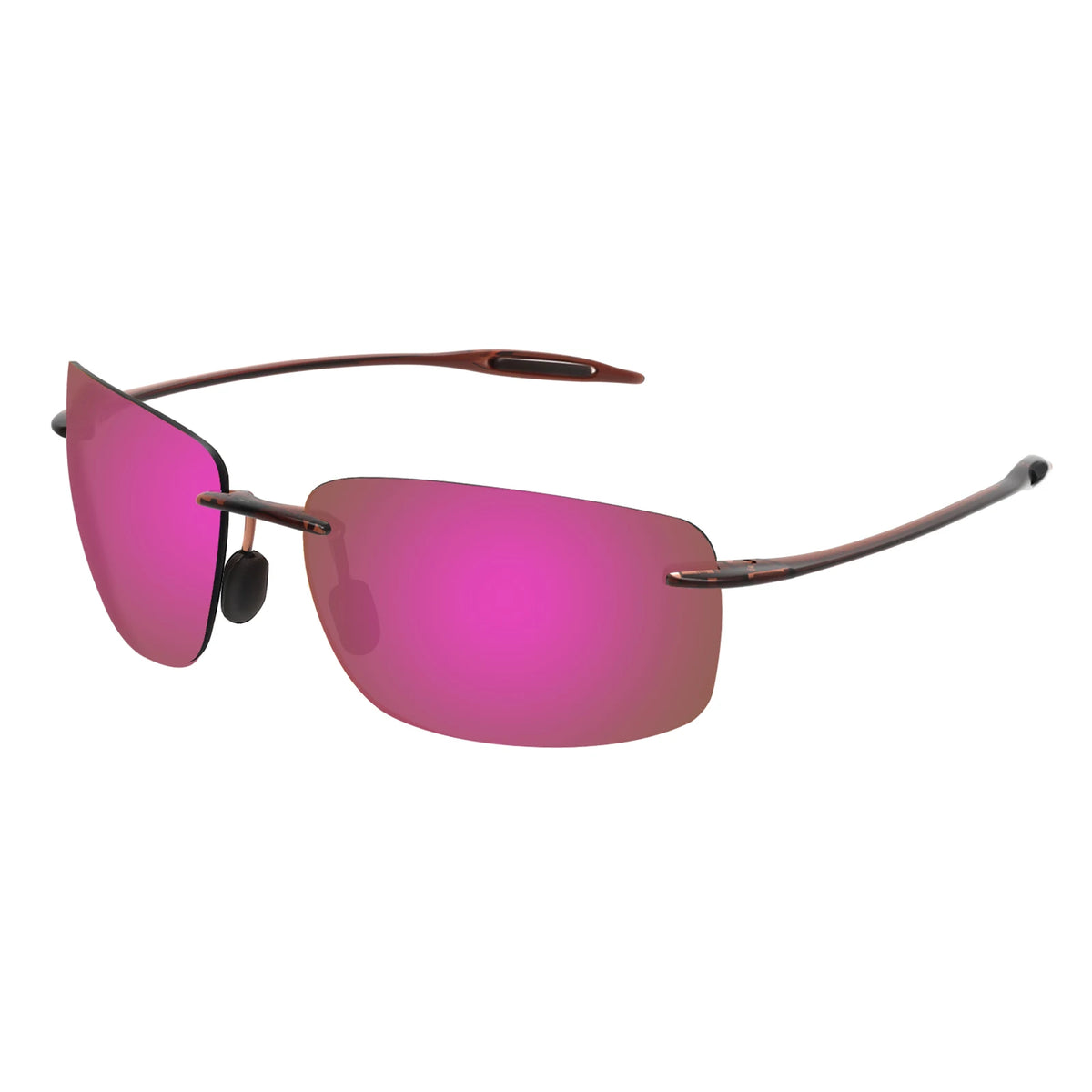 Rimlose Sportbrille mit magentafarbenen Linsen und dunkelbraunen Rahmen