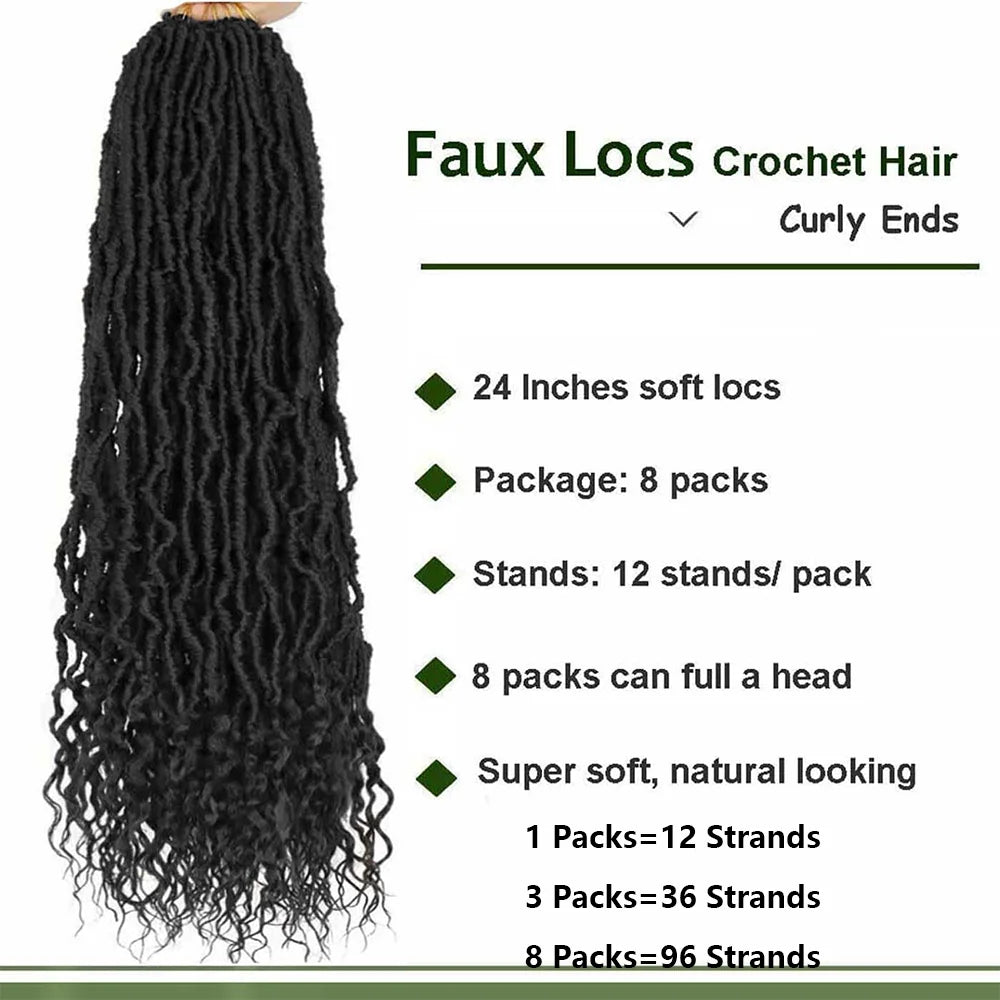 Schwarze Kunstfaser-Locs aus Häkelhaar mit lockigen Enden, verpackt in 8 Paketen