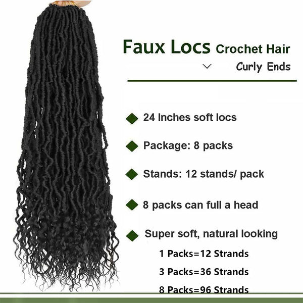 Black faux loc crochet hair extensions with curly ends packaged in 8 packs
