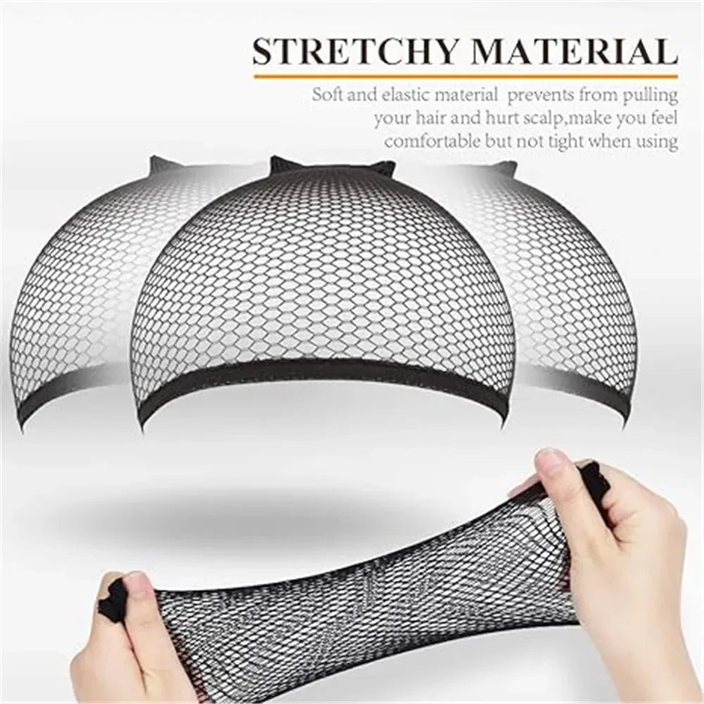 A close-up of a black mesh wig cap liner being worn on a hand.