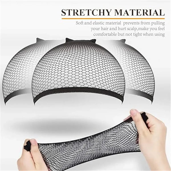 A close-up of a black mesh wig cap liner being worn on a hand.