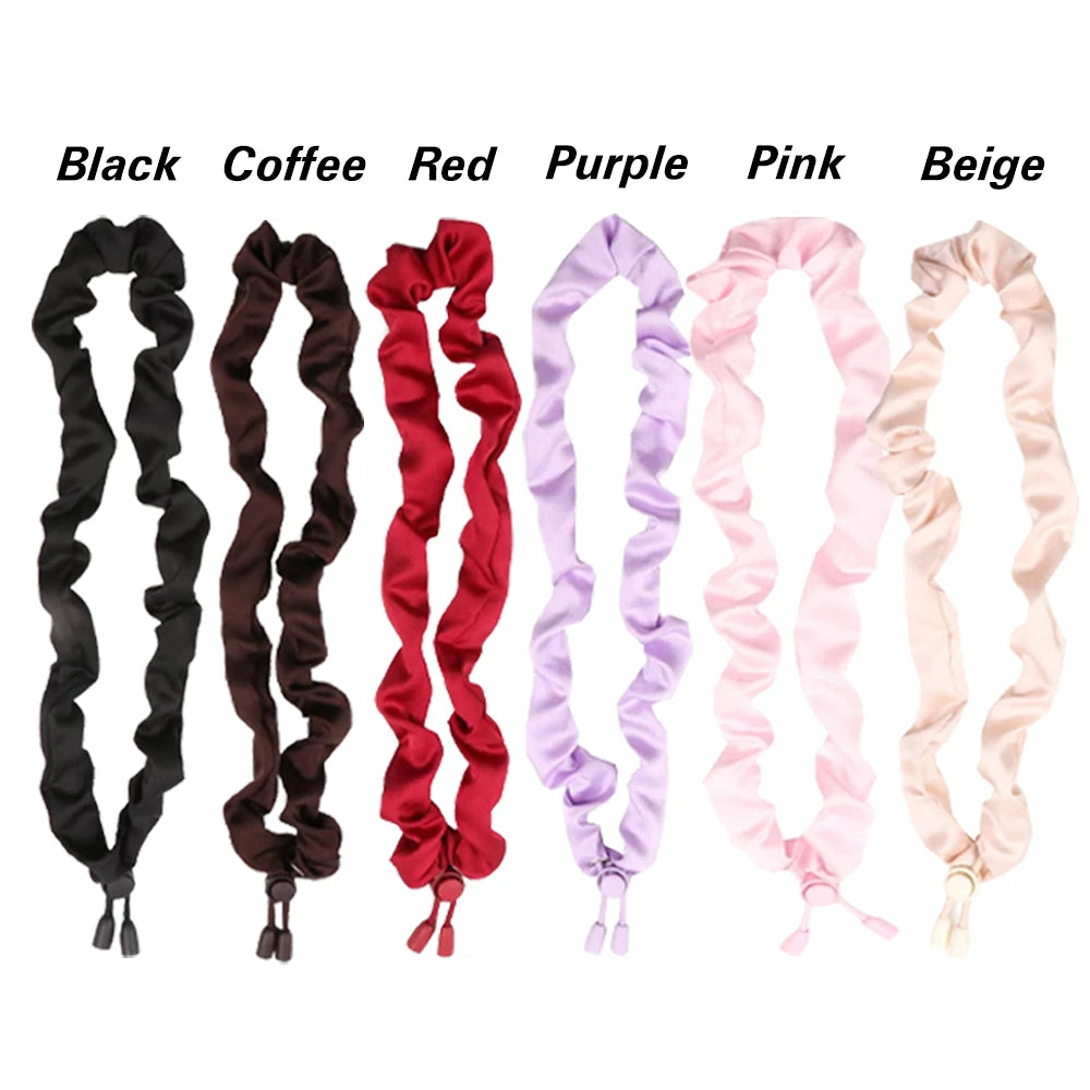 A set of five satin scrunchies in Black, Coffee, Red, Purple, Pink, and Beige.