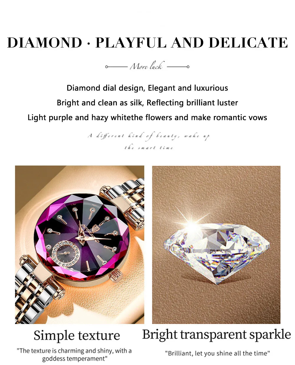 A close-up of a diamond-set watch and a brilliant cut diamond gemstone.