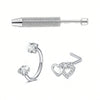 Three stainless steel heart horseshoe nose stud earrings and a matching post.