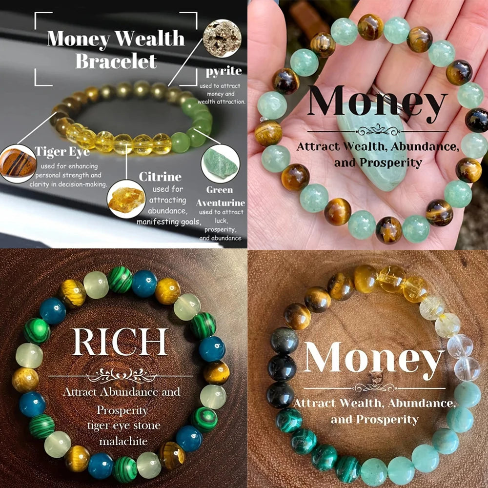 A collection of natural stone beaded bracelets featuring various colors like yellow, green, and brown stones.