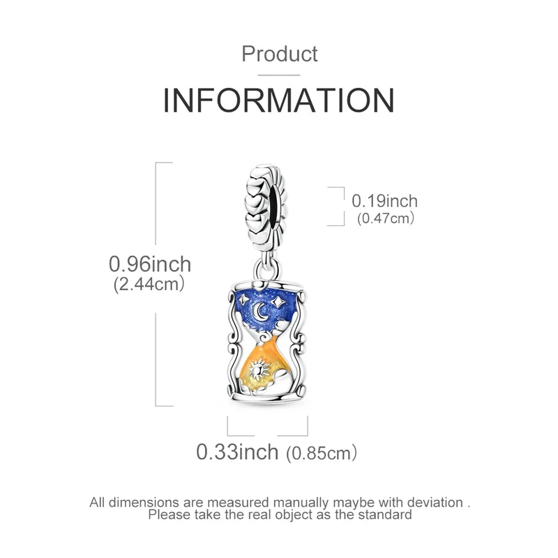 Sterling silver moon charm pendant with an orange and blue design shown against a white background.