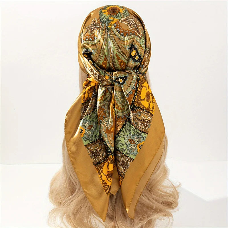 A luxurious satin silk scarf in gold and olive tones tied around a blonde wig.
