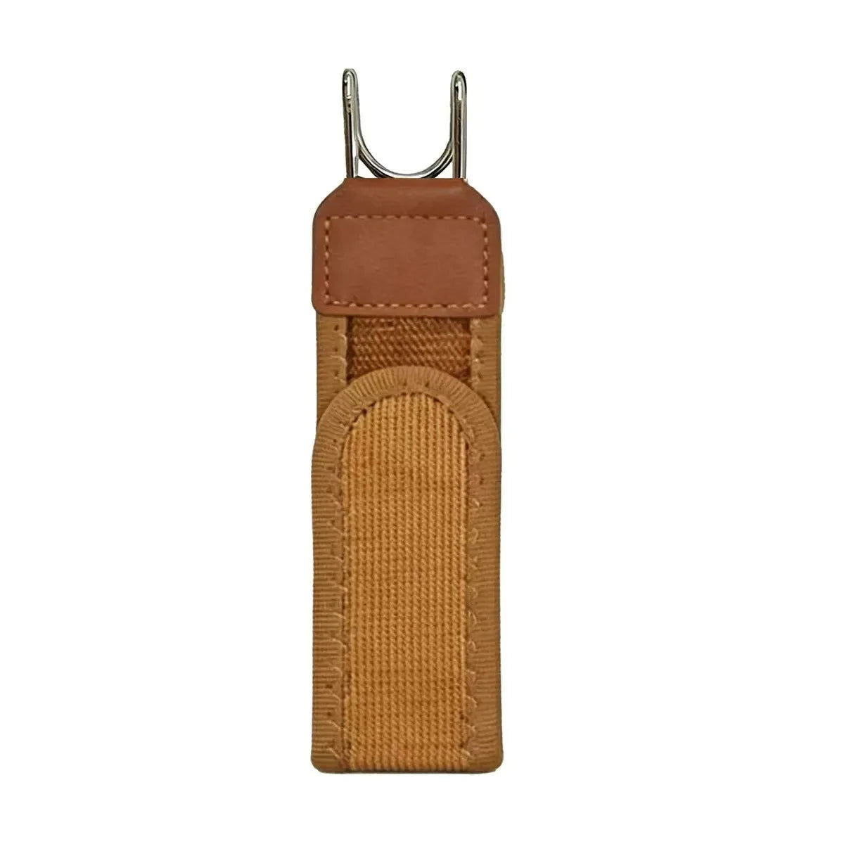 A brown adjustable elastic waistband buckle set with a leather strap and woven fabric component.