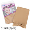 A package of Deluxe Wig Cap featuring a model and brown netting is shown next to a tan elastic cap.