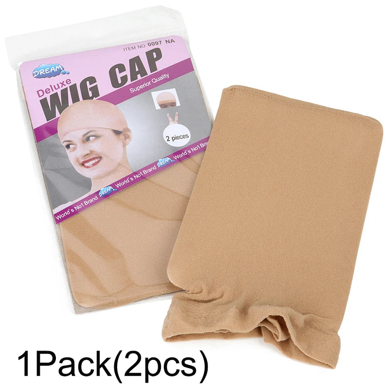 A package of Deluxe Wig Cap featuring a model and brown netting is shown next to a tan elastic cap.