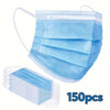 A pack of 150 light blue disposable face masks for adult protection
