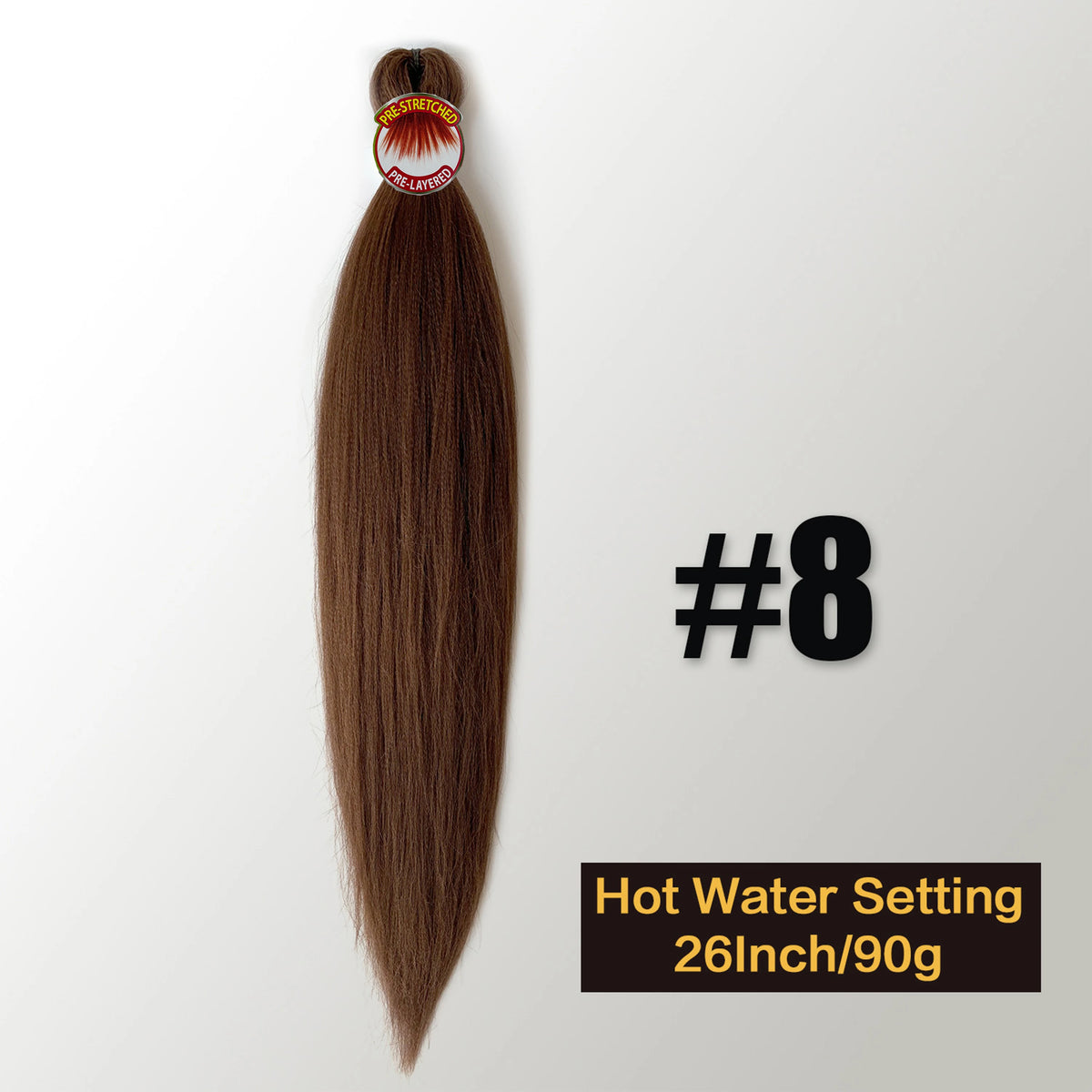 A bundle of dark brown pre-stretched Kanekalon braiding hair extensions labeled #8, 26 inches long and weighing 90 grams.